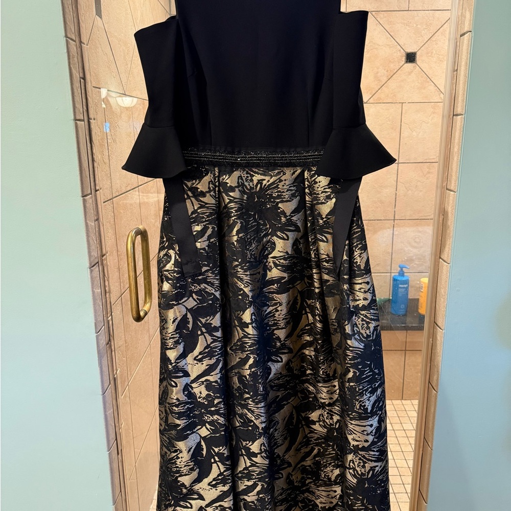 Rickie Freeman for Teri Jon Black/Gold Strapless Midi Dress Size 12 worn once